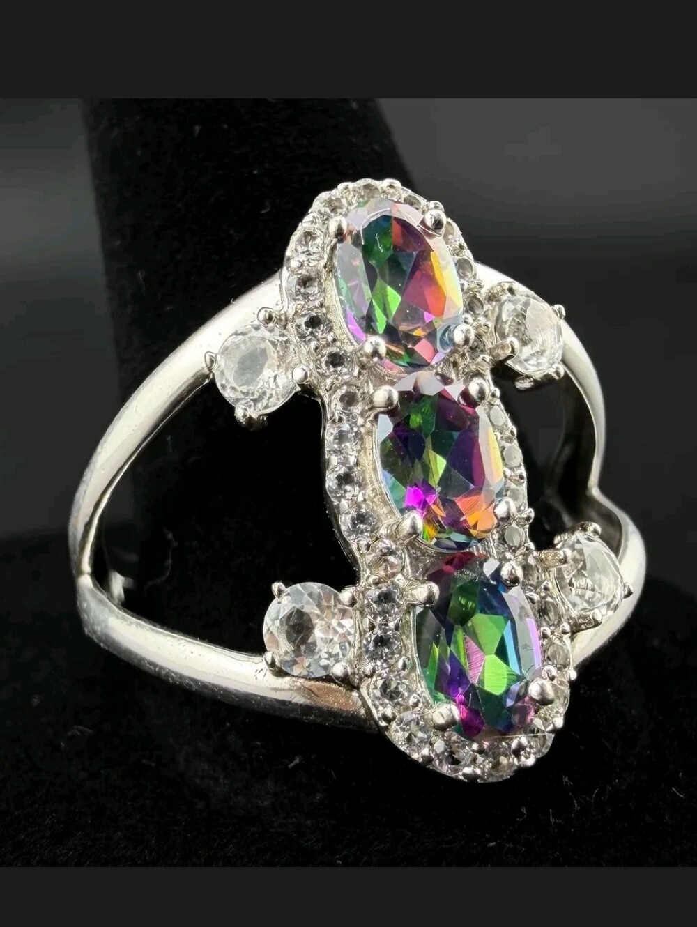 Sterling Silver Mystic Topaz & White Topaz Statement Ring Size 11.25